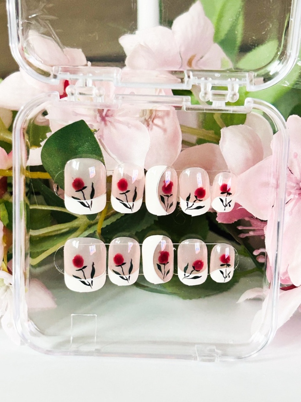 Floral French Tip Press-On Nails with Red Rose Accents